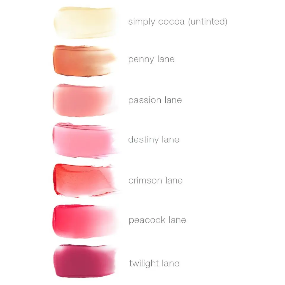 Seven lipstick swatches with names: simply cocoa, penny lane, passion lane, destiny lane, crimson lane, peacock lane, twil...