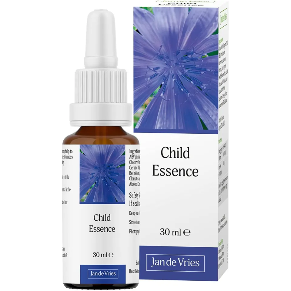 Brown dropper bottle and box labelled "Child Essence" with a blue flower image. 30 ml.