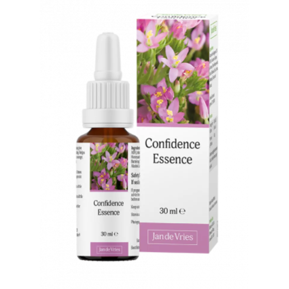 Bottle and box of Confidence Essence, 30 ml, with pink flowers on label.