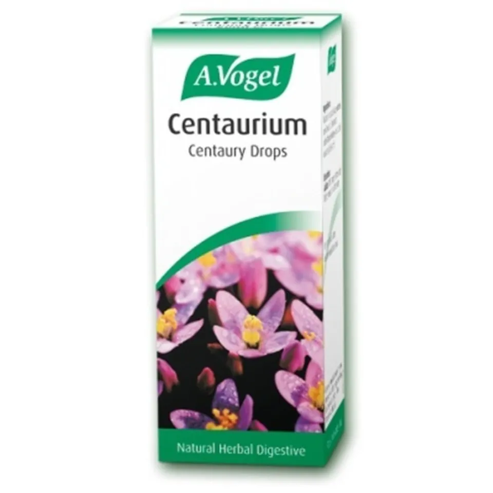 A.Vogel Centaurium Centaury Drops box with pink flowers and text "Natural Herbal Digestive".