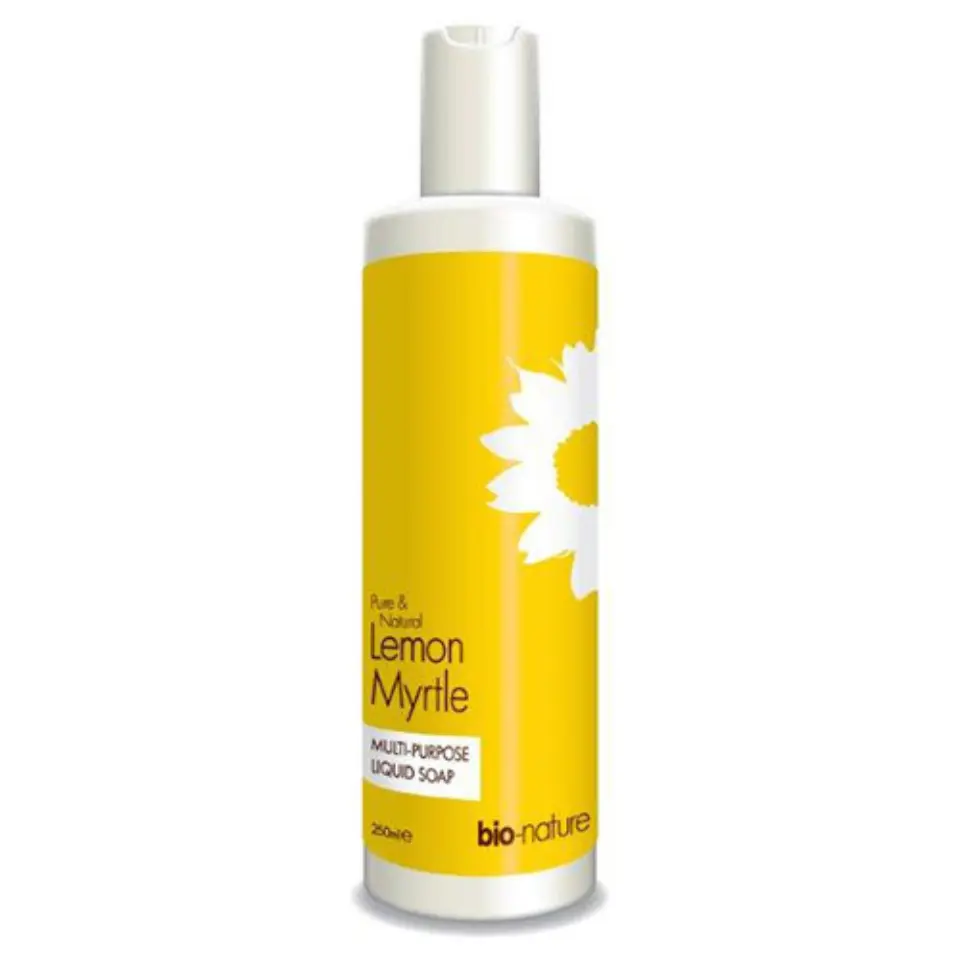 Yellow bottle of bio-nature Lemon Myrtle liquid soap, 250ml, with white flower design.