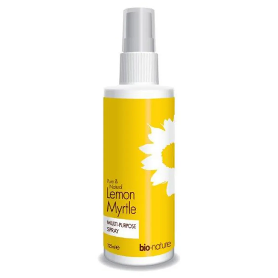 Lemon Myrtle multi-purpose spray, 125ml, yellow label with white flower design.