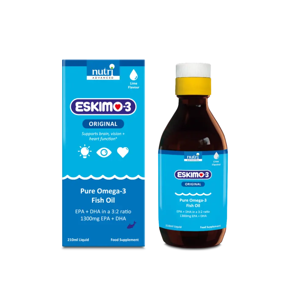 Eskimo-3 Original Pure Omega-3 Fish Oil, lime flavour, 210ml bottle and box.