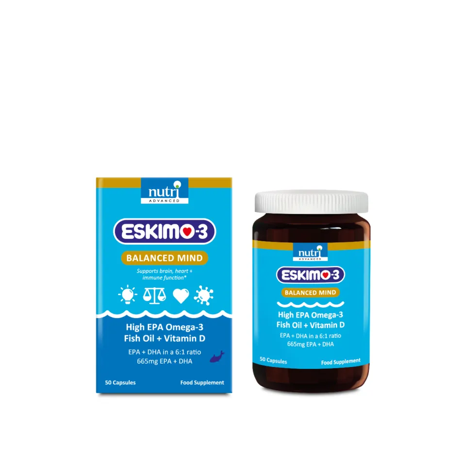 Eskimo-3 Balanced Mind capsules, high EPA Omega-3 fish oil and vitamin D, 50 capsules.