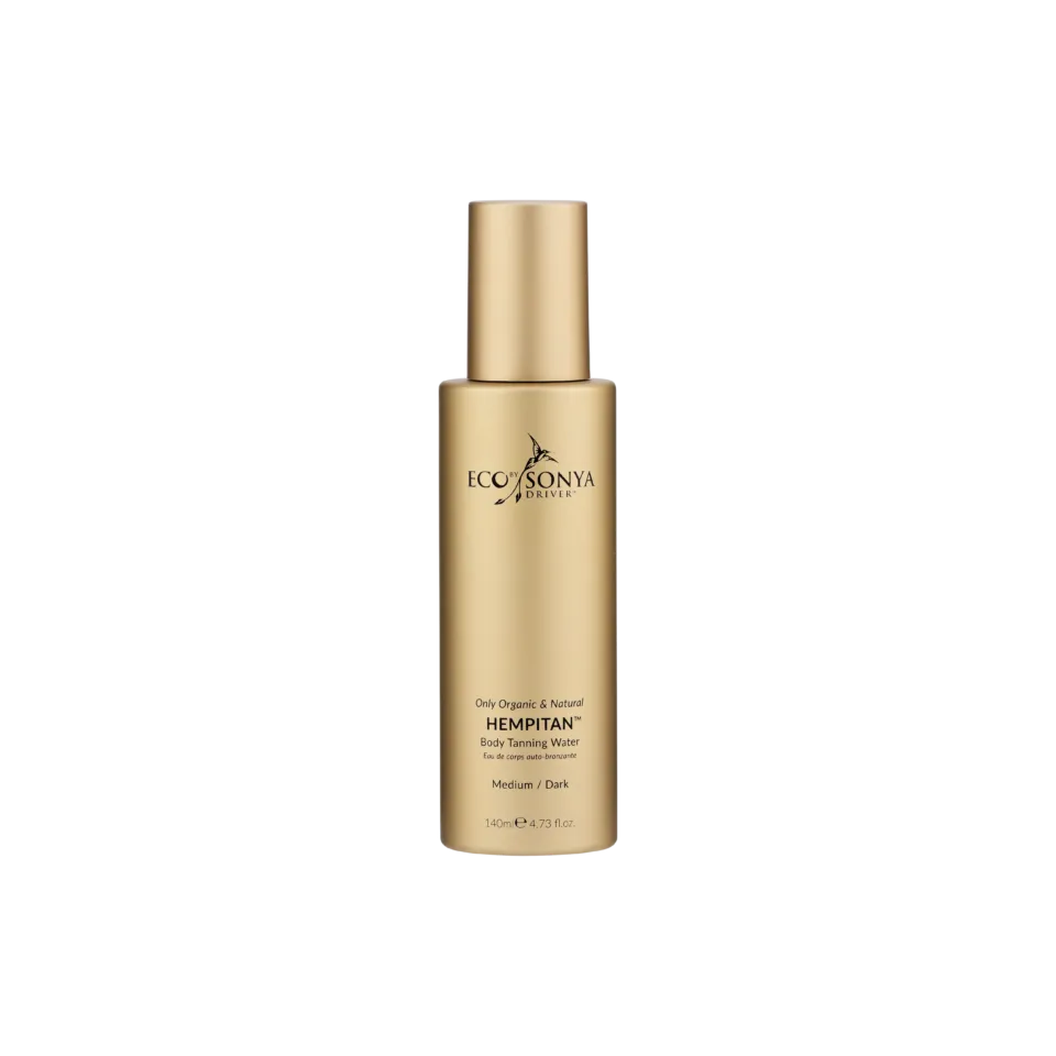 Gold bottle of Eco by Sonya Hempitan Body Tanning Water, 140ml, for medium to dark skin.