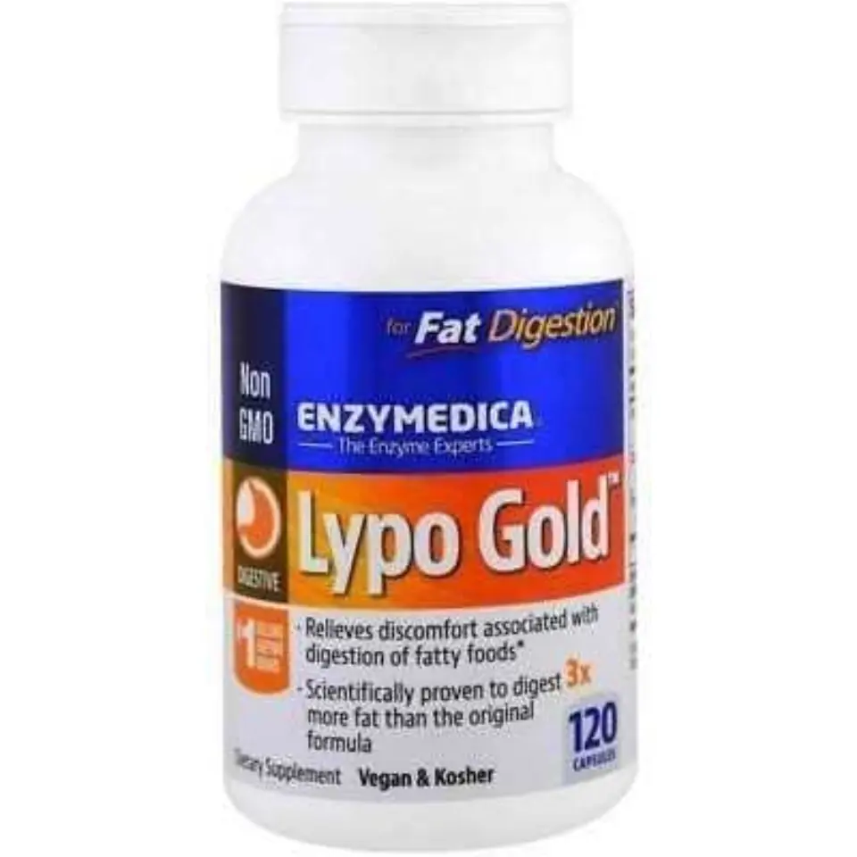 Lypo Gold enzyme supplement bottle, 120 capsules, for fat digestion, vegan and kosher.