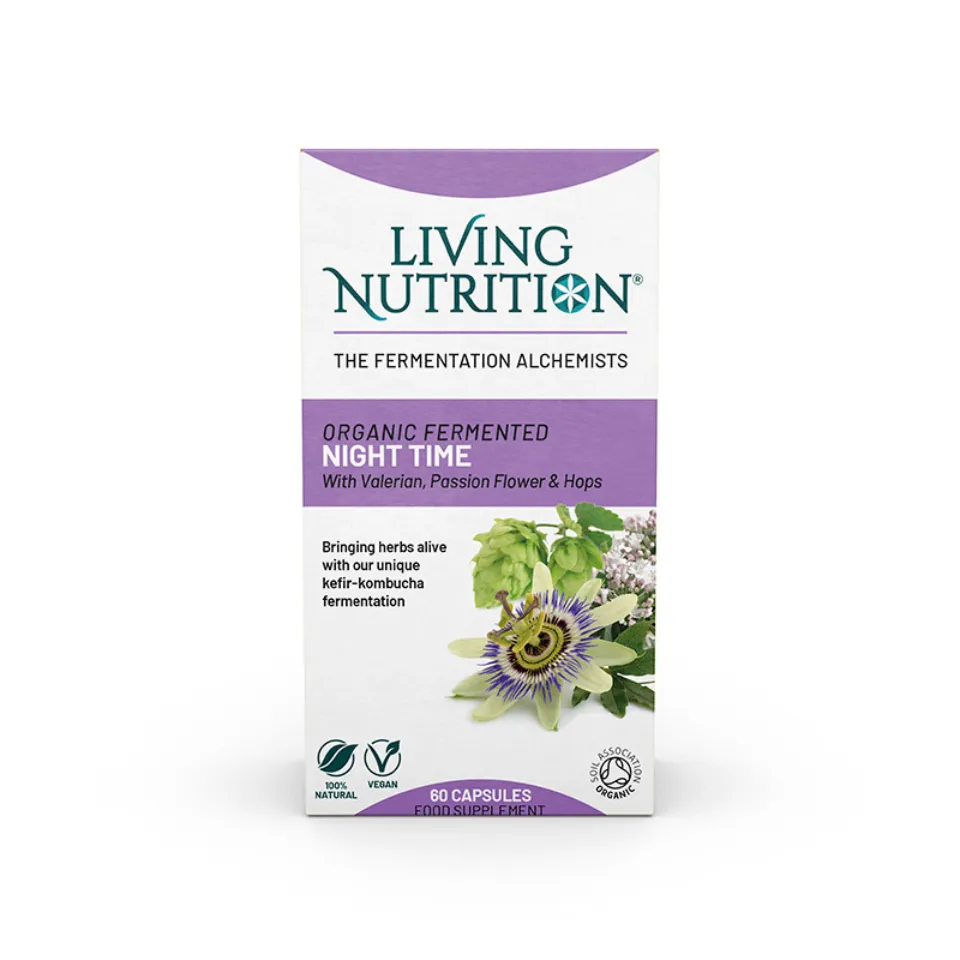 Living Nutrition Night Time capsules with valerian, passion flower, hops. 60 capsules, vegan, organic.
