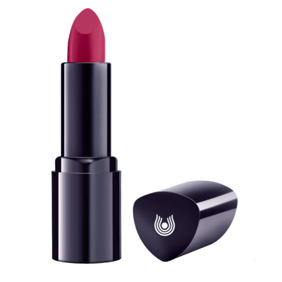 Red lipstick with black casing and cap featuring a white logo.