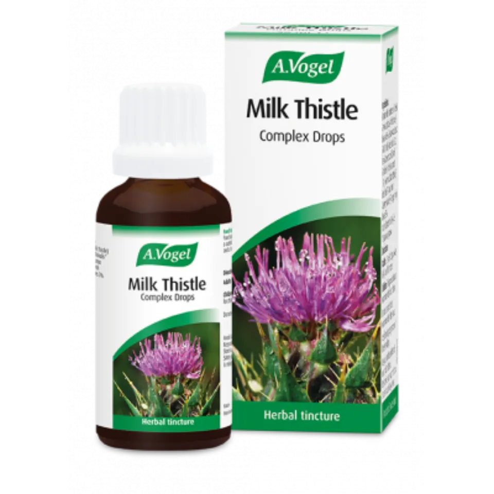 A.Vogel Milk Thistle Complex Drops bottle and box with purple flower image.