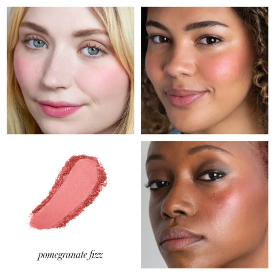 Three women wearing pink blush. Swatch labelled "pomegranate fizz".