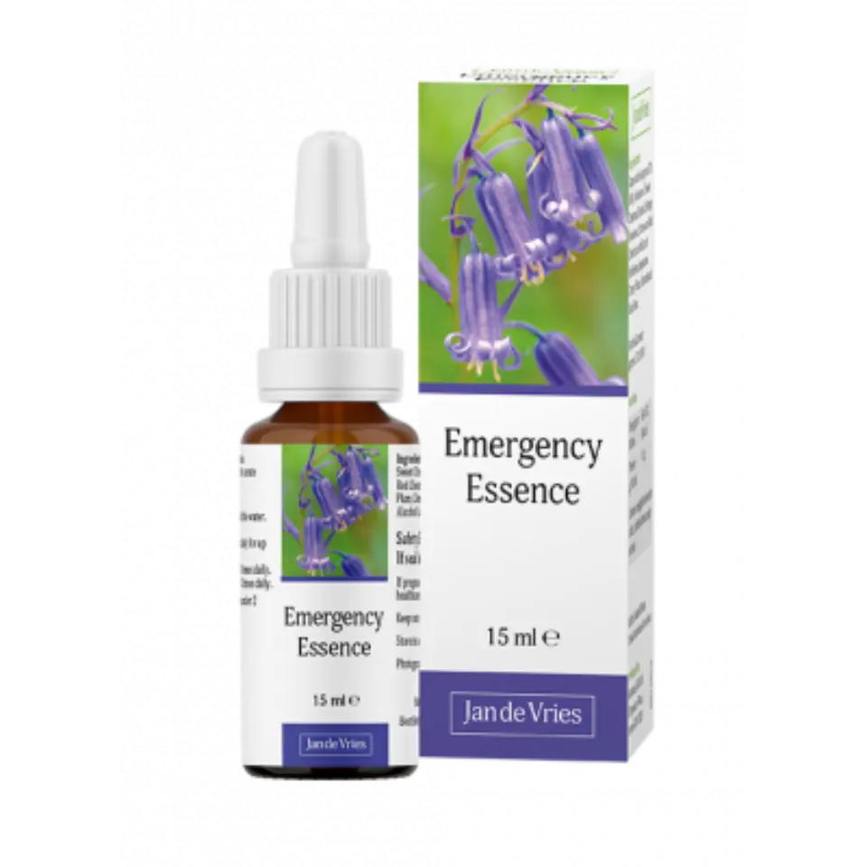 Emergency Essence bottle and box, 15 ml, with purple flowers on label.
