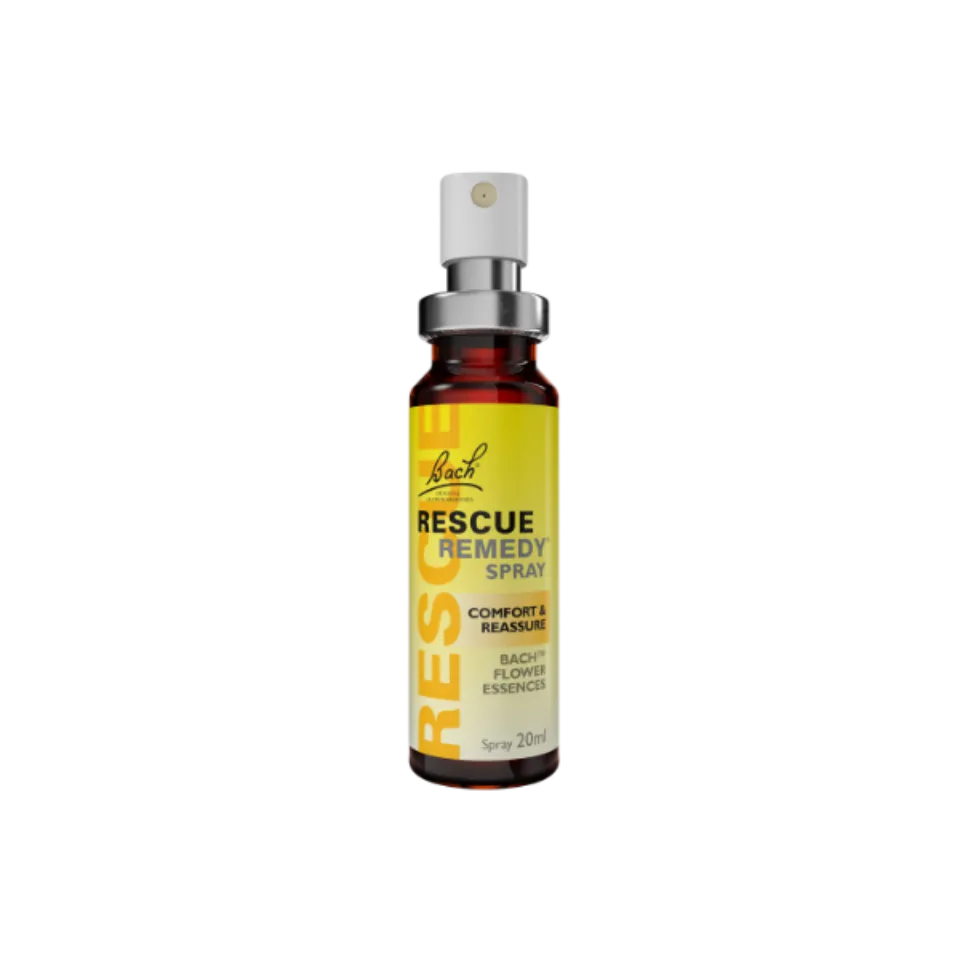 Bach Rescue Remedy Spray, 20ml bottle with yellow label.