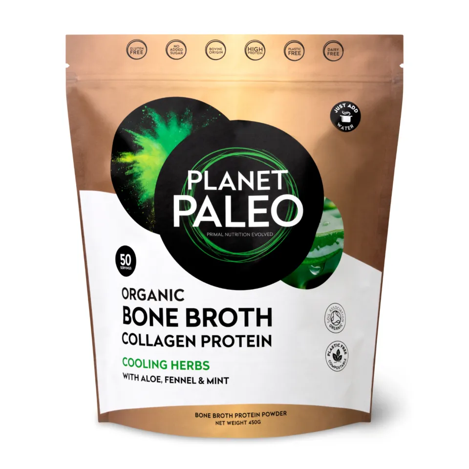 Planet Paleo Organic Bone Broth Collagen Protein, Cooling Herbs, 450g pouch.