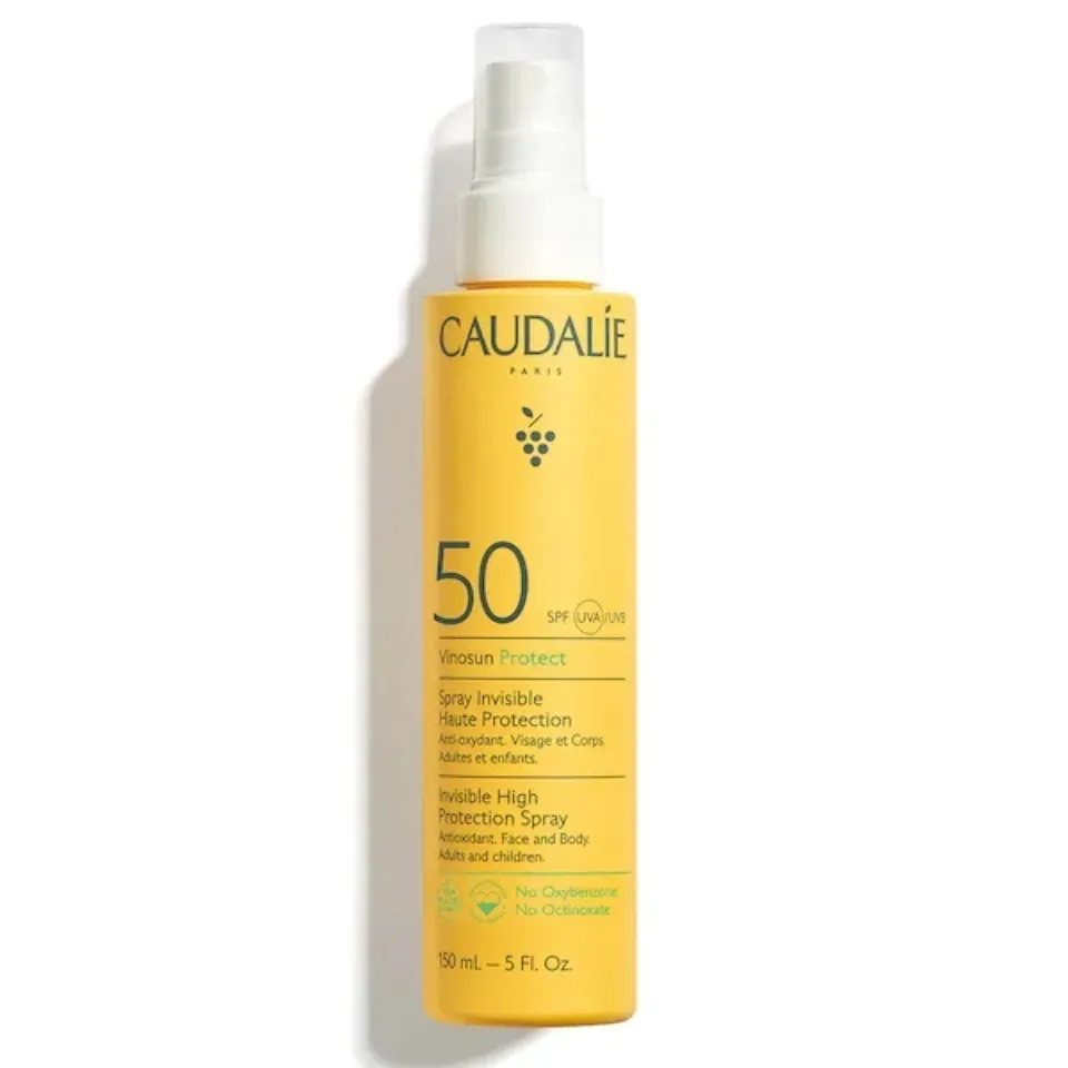 Yellow bottle of Caudalie SPF 50 Vinosun Protect spray, 150 ml.