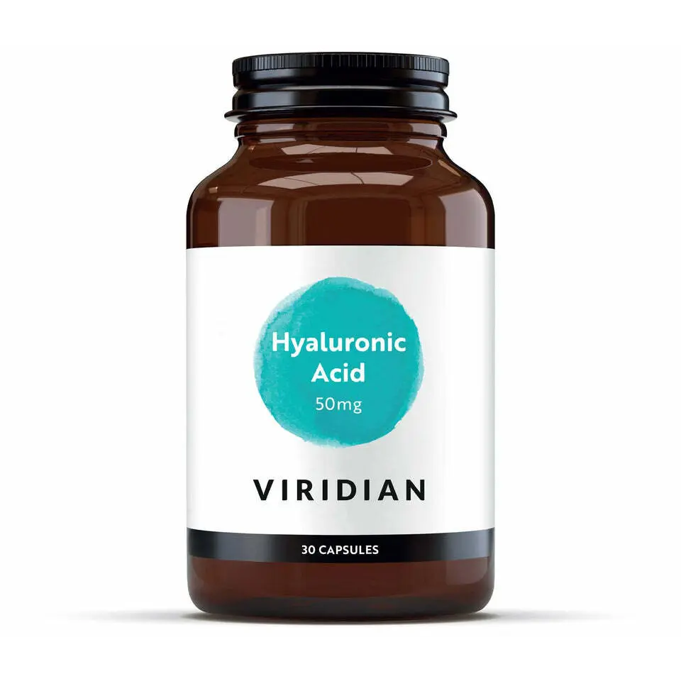 Brown bottle labelled "Hyaluronic Acid 50mg" by Viridian, 30 capsules.