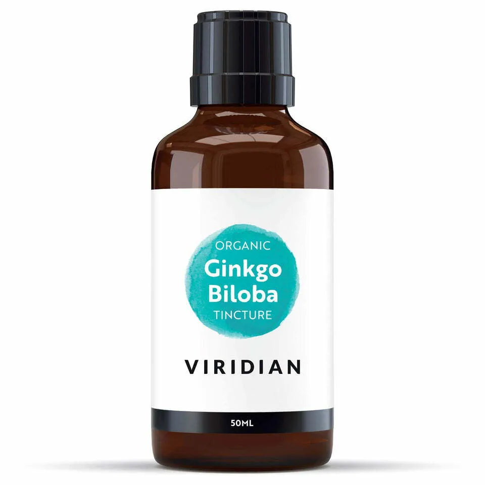 Brown bottle of Viridian Organic Ginkgo Biloba Tincture, 50ml.