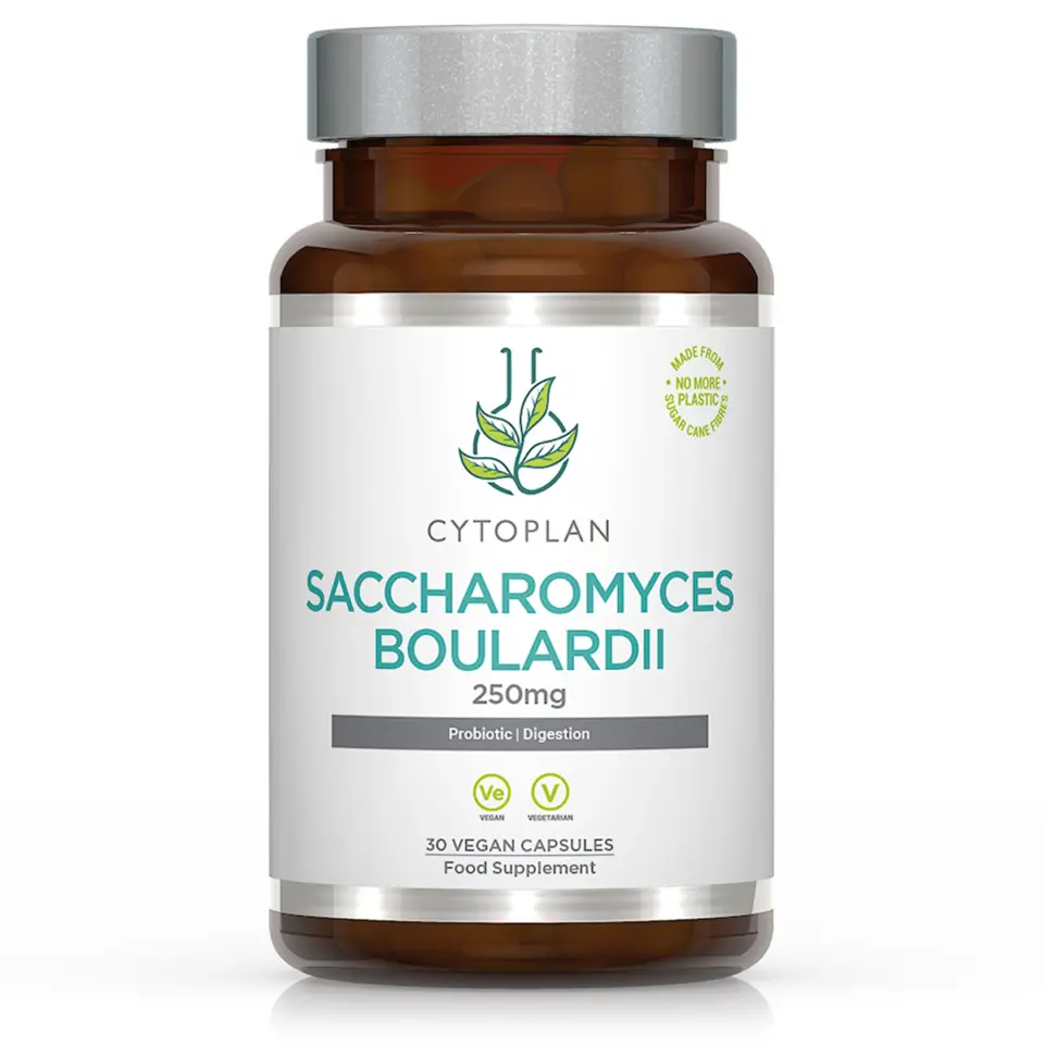 Cytoplan Saccharomyces Boulardii 250mg, 30 vegan capsules, probiotic digestion supplement.