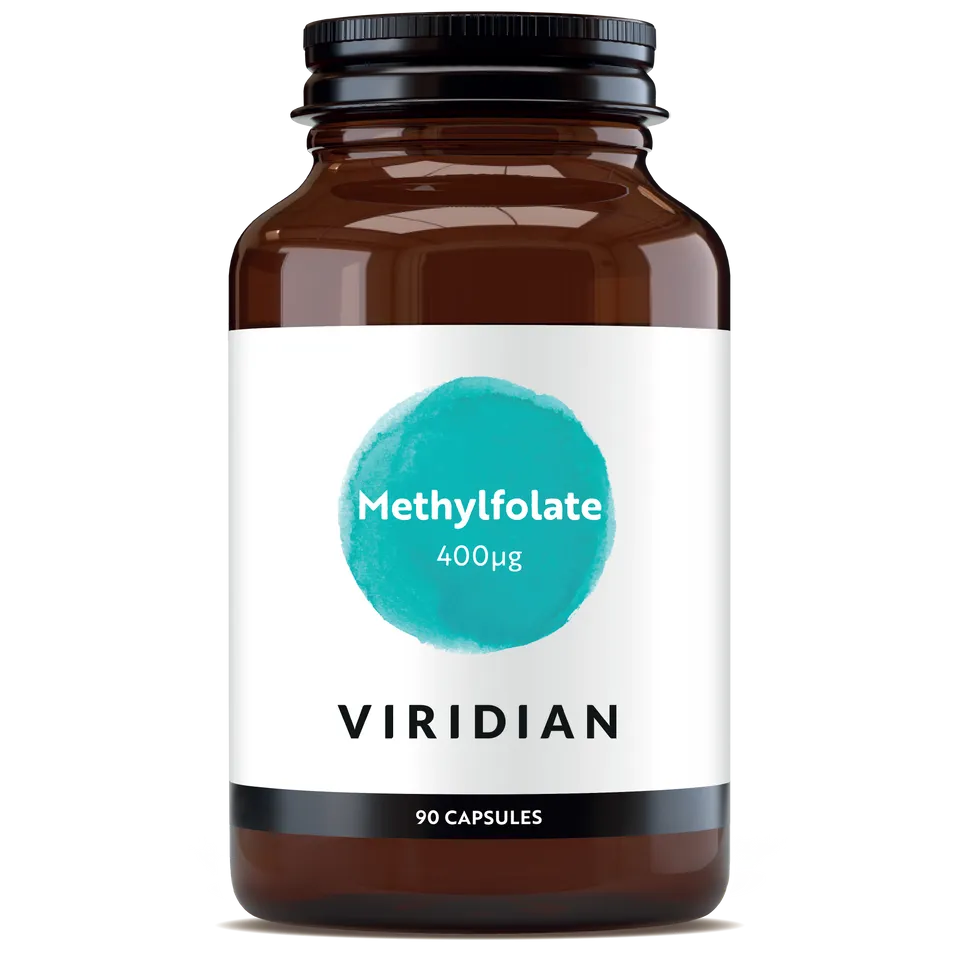 Brown bottle labelled "Methylfolate 400µg" by Viridian, contains 90 capsules.