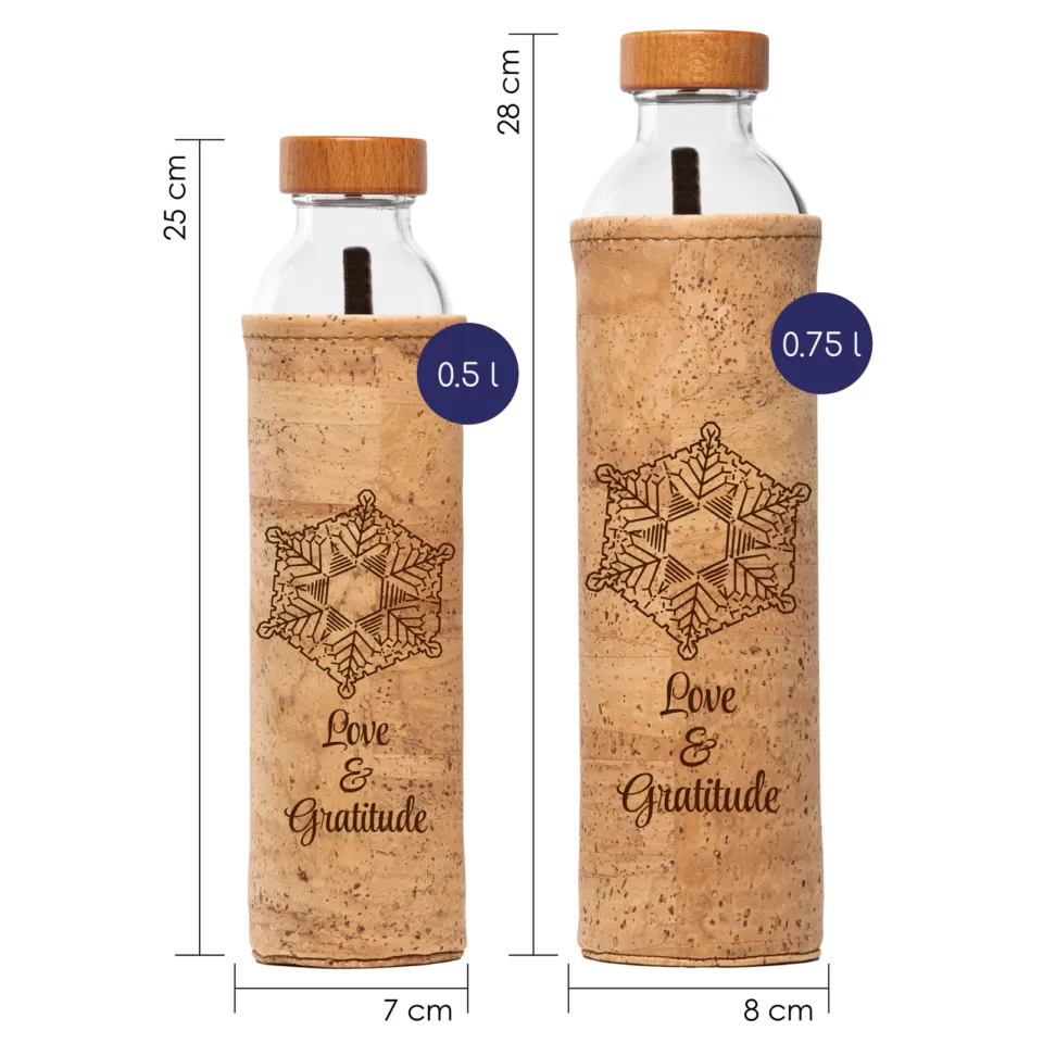Two cork-covered bottles, 0.5L and 0.75L, with "Love & Gratitude" text and snowflake design.