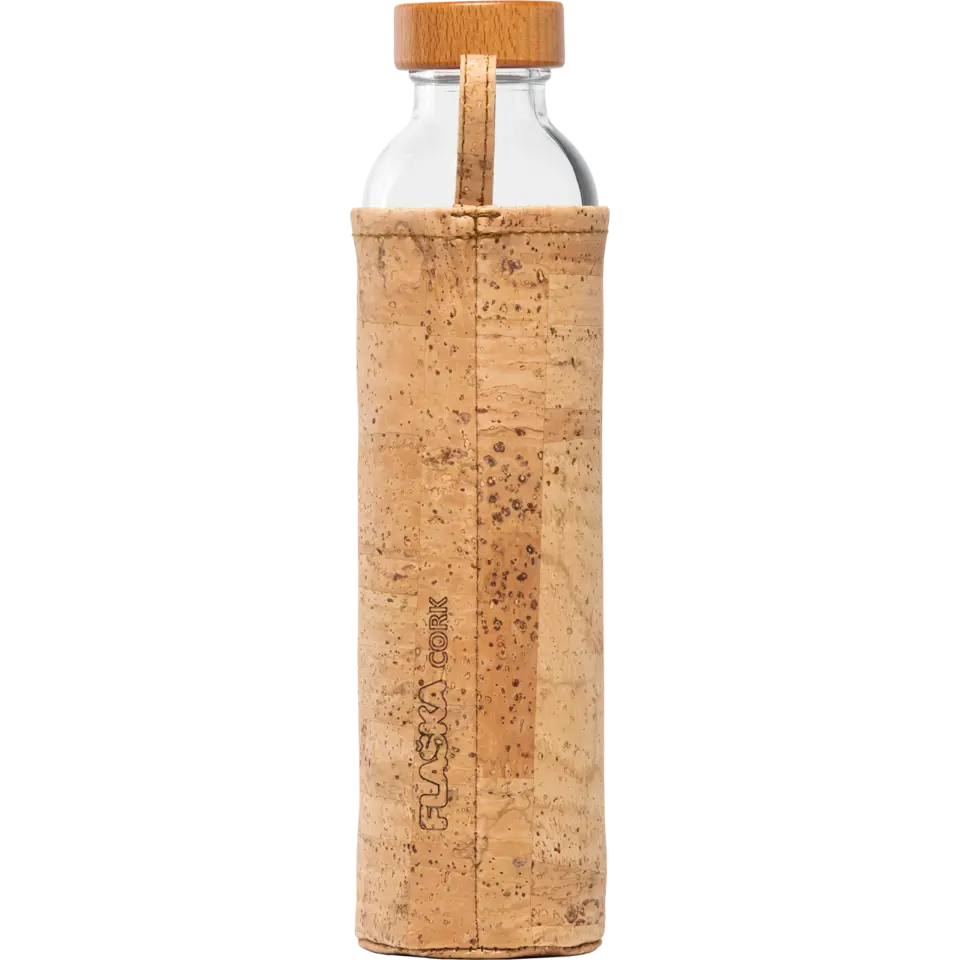 Glass bottle with cork sleeve and wooden lid, "FLASKA CORK" text on sleeve.