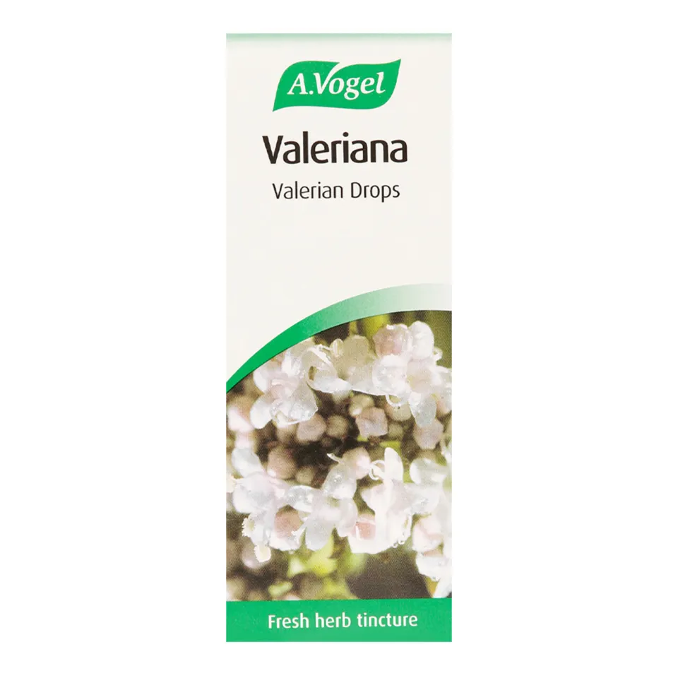 A.Vogel Valeriana Valerian Drops box with flowers, labelled "Fresh herb tincture".