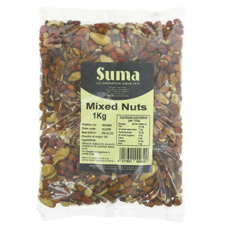 Suma Mixed Nuts 1kg pack with nutritional information and ingredients listed.