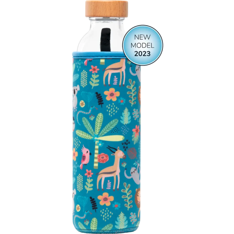 Glass bottle with wooden lid, blue sleeve with animal and plant pattern. "New Model 2023" badge.