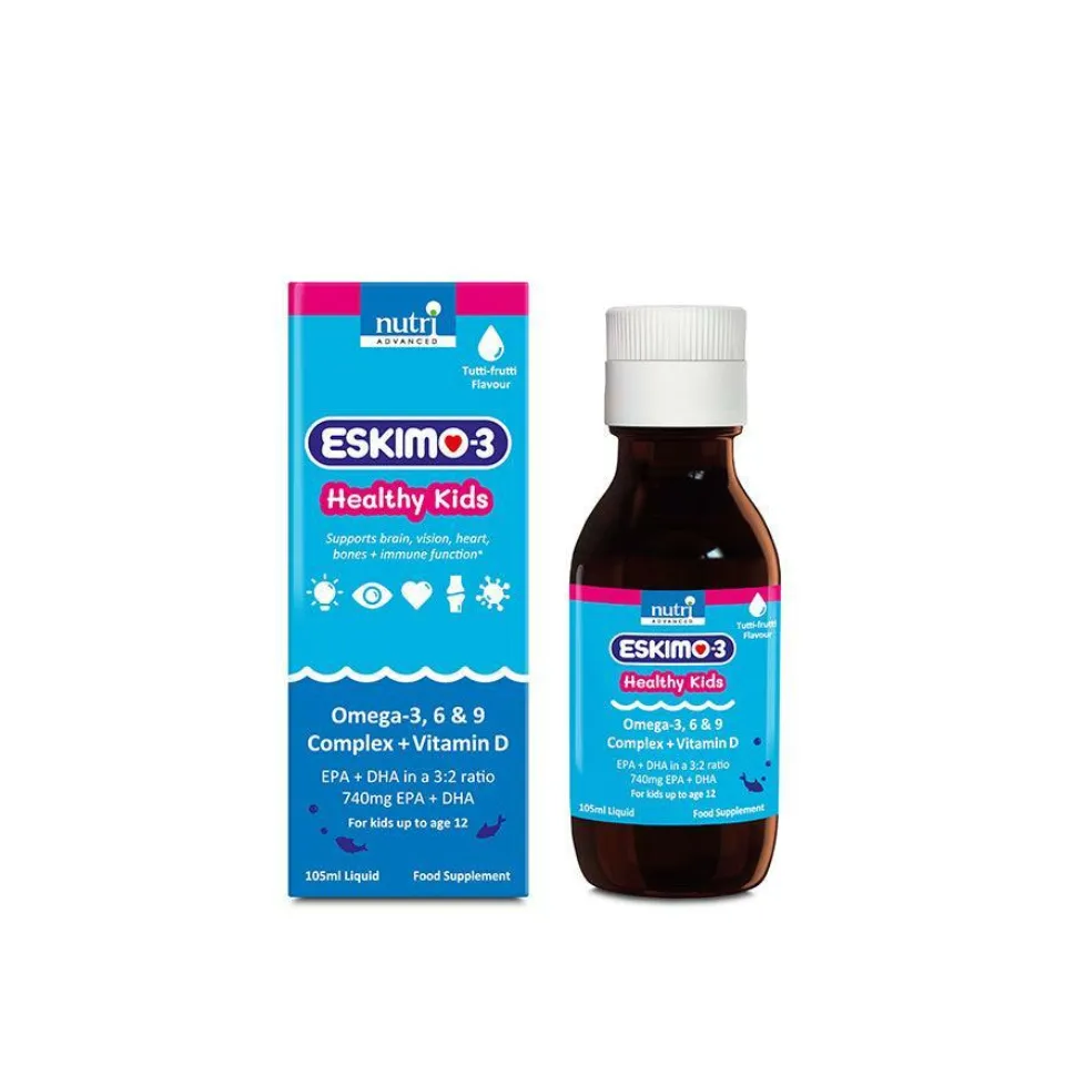Eskimo-3 Healthy Kids supplement, tutti-frutti flavour, 105ml bottle and box.