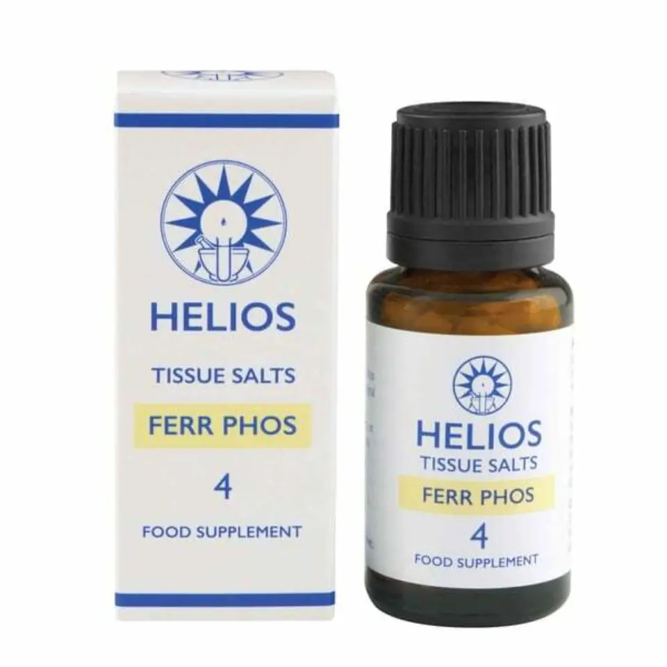 Helios Tissue Salts Ferr Phos 4, food supplement bottle and box.