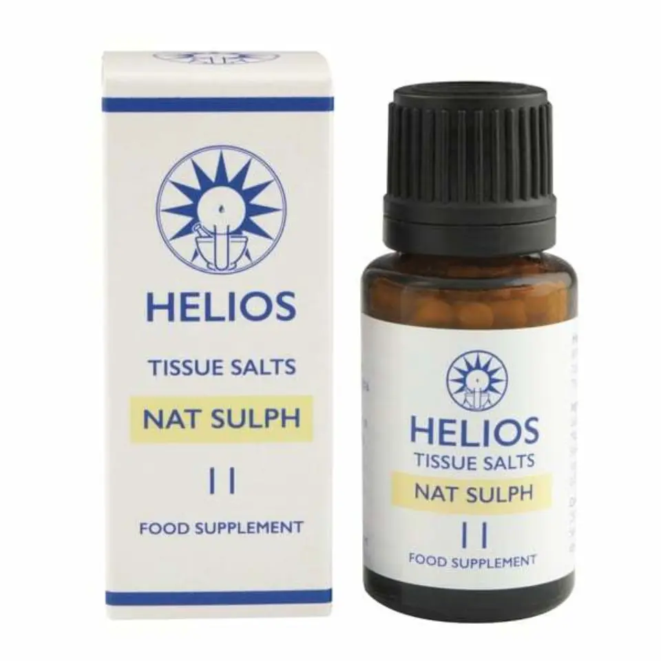 Helios Tissue Salts Nat Sulph bottle and box, labelled as food supplement.
