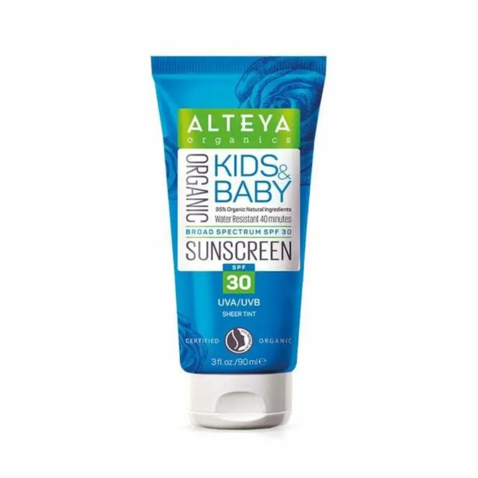 Alteya Organics Kids & Baby SPF 30 sunscreen tube, 90ml, blue packaging.