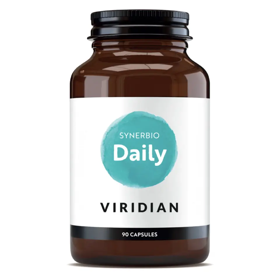 Brown bottle labelled "Synerbio Daily" by Viridian, 90 capsules.
