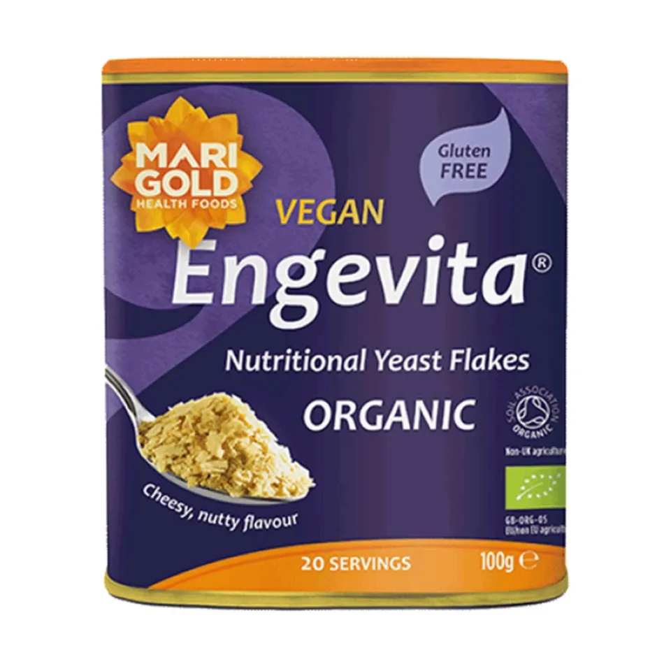 Marigold Engevita Vegan Nutritional Yeast Flakes, organic, gluten-free, 100g tin, 20 servings.