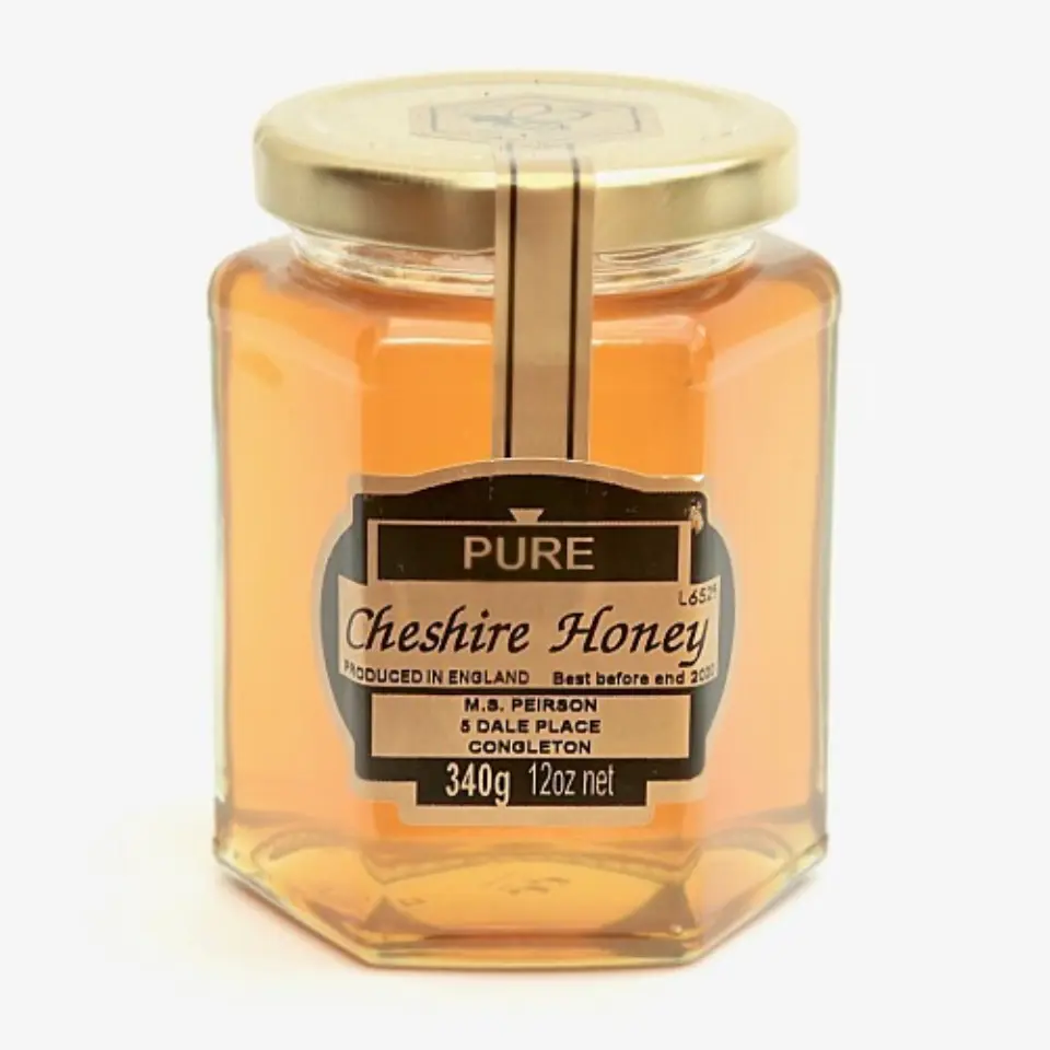 Jar of Cheshire Honey, 340g, produced in England, with a gold lid.