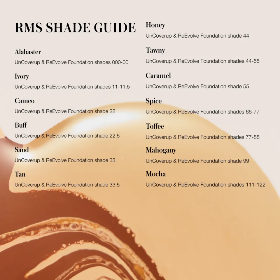 RMS Shade Guide with foundation shades from Alabaster to Mocha, numbered 000-00 to 122.