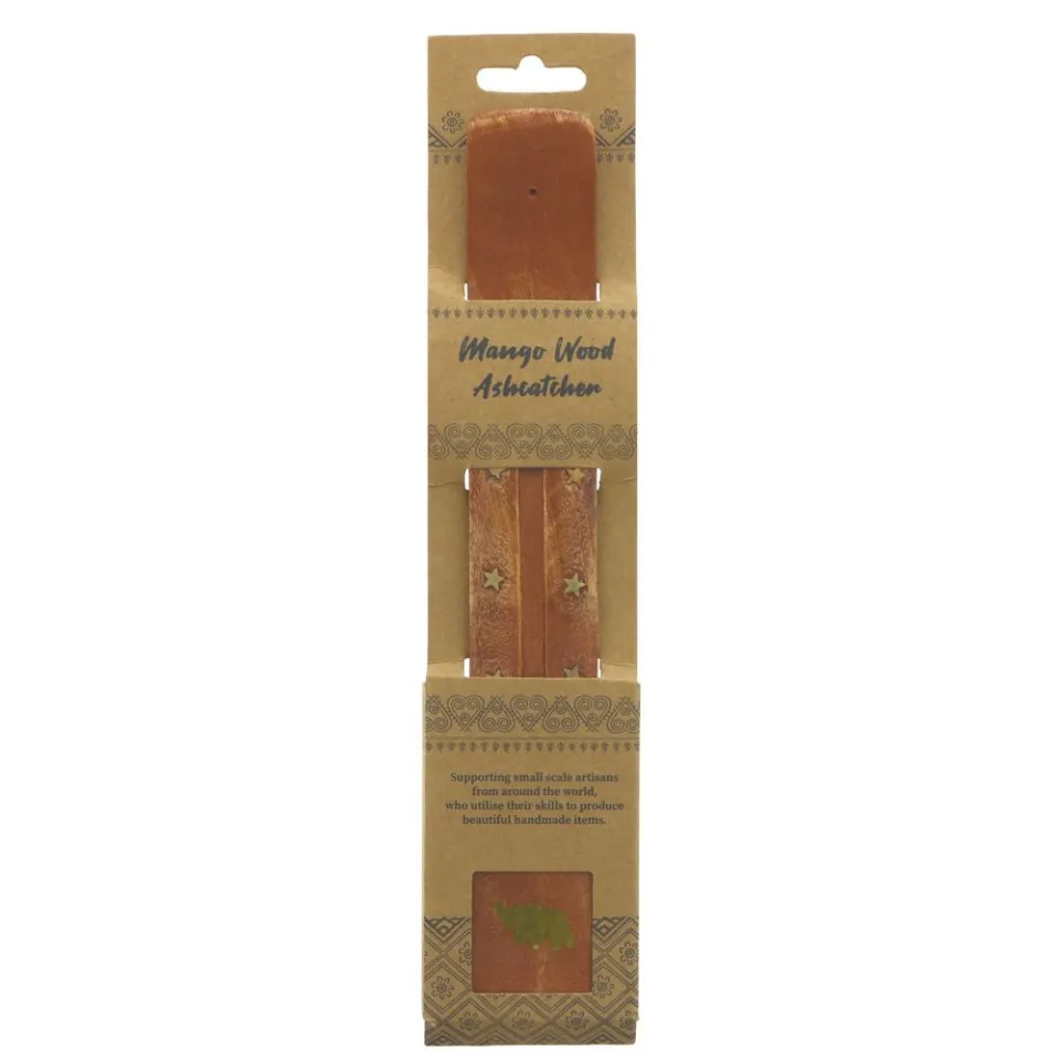 Mango wood ashcatcher in packaging with star design and artisan support text.