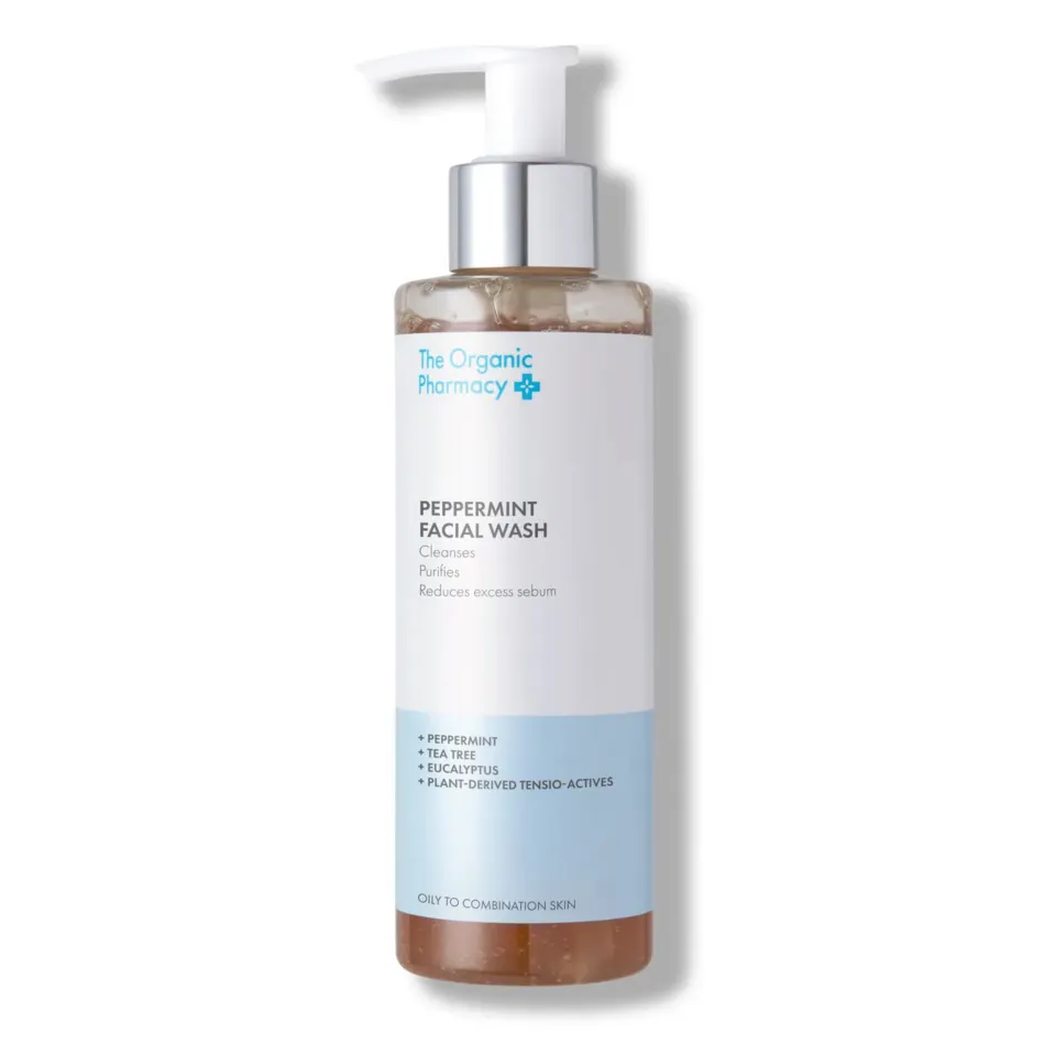 Peppermint Facial Wash bottle with pump, labelled for oily to combination skin.