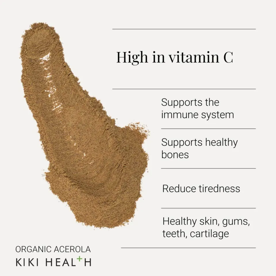 Brown powder with text: High in vitamin C, supports immune system, healthy bones, reduces tiredness.