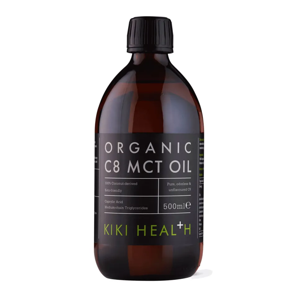 Brown bottle of Kiki Health Organic C8 MCT Oil, 500ml, coconut-derived.