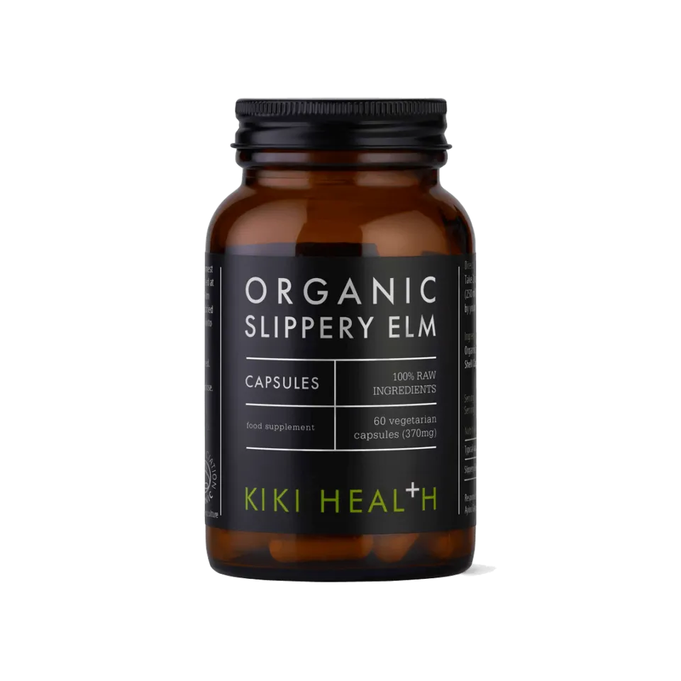 Brown bottle of Kiki Health Organic Slippery Elm capsules, 60 vegetarian capsules, 370mg.