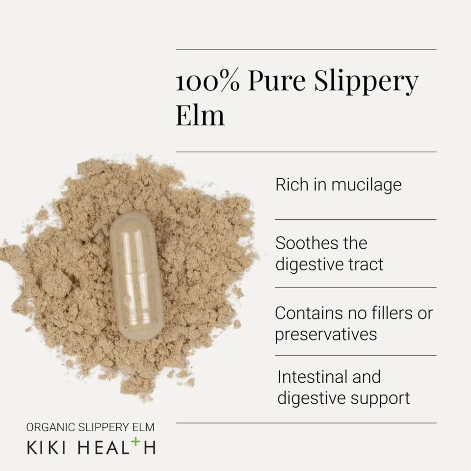 Slippery Elm powder with capsule. Text: Rich in mucilage, soothes digestion, no fillers, digestive support.