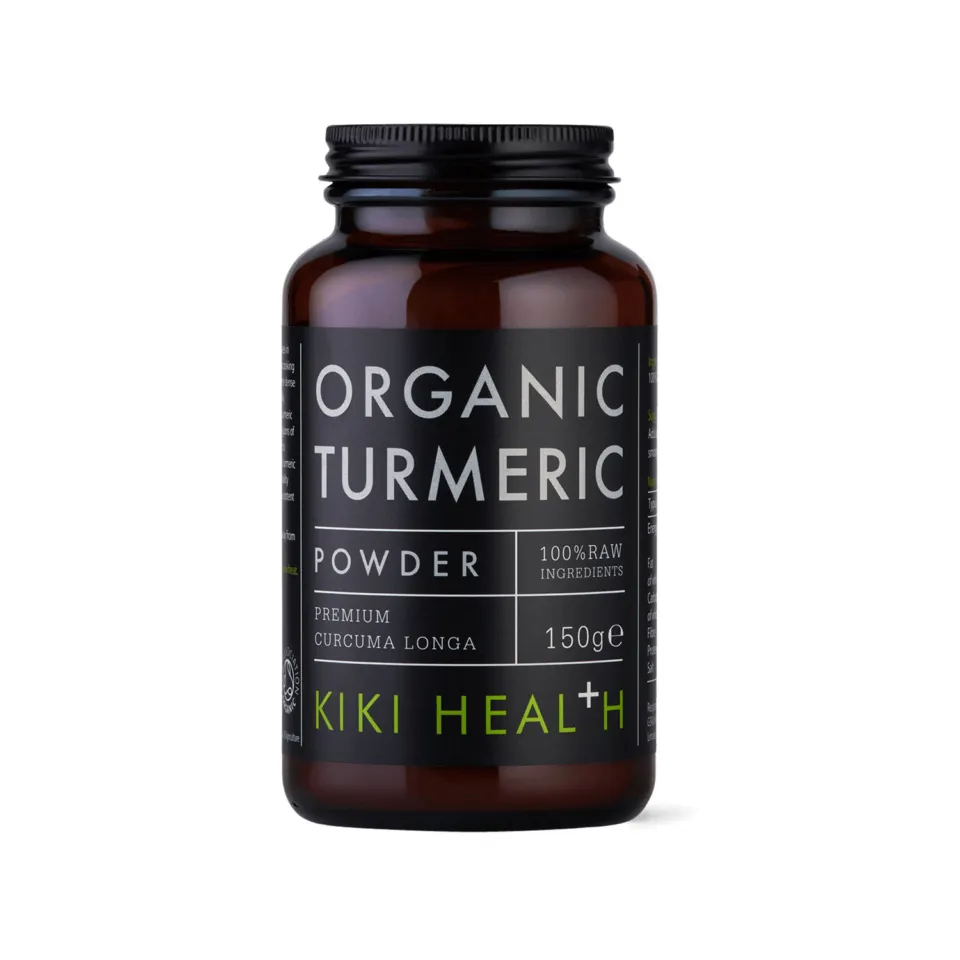 Brown jar of Kiki Health Organic Turmeric Powder, 150g, with black label.