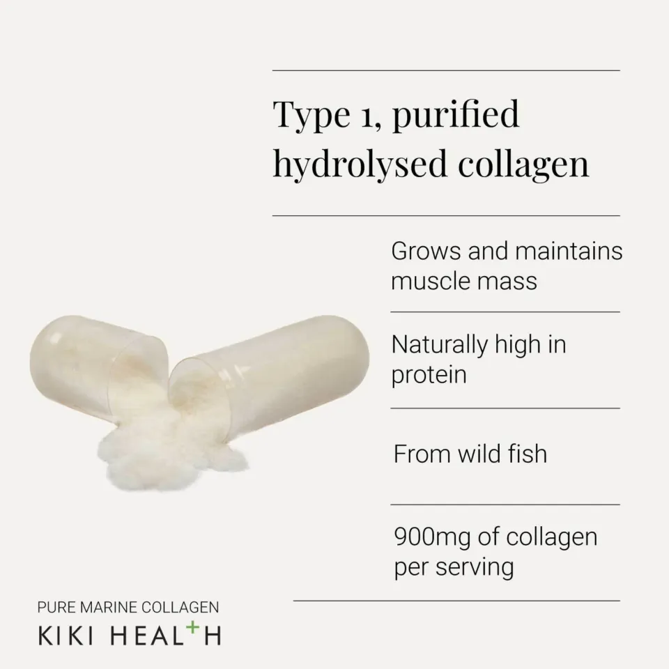 Type 1 hydrolysed collagen capsule, 900mg, from wild fish, high in protein.