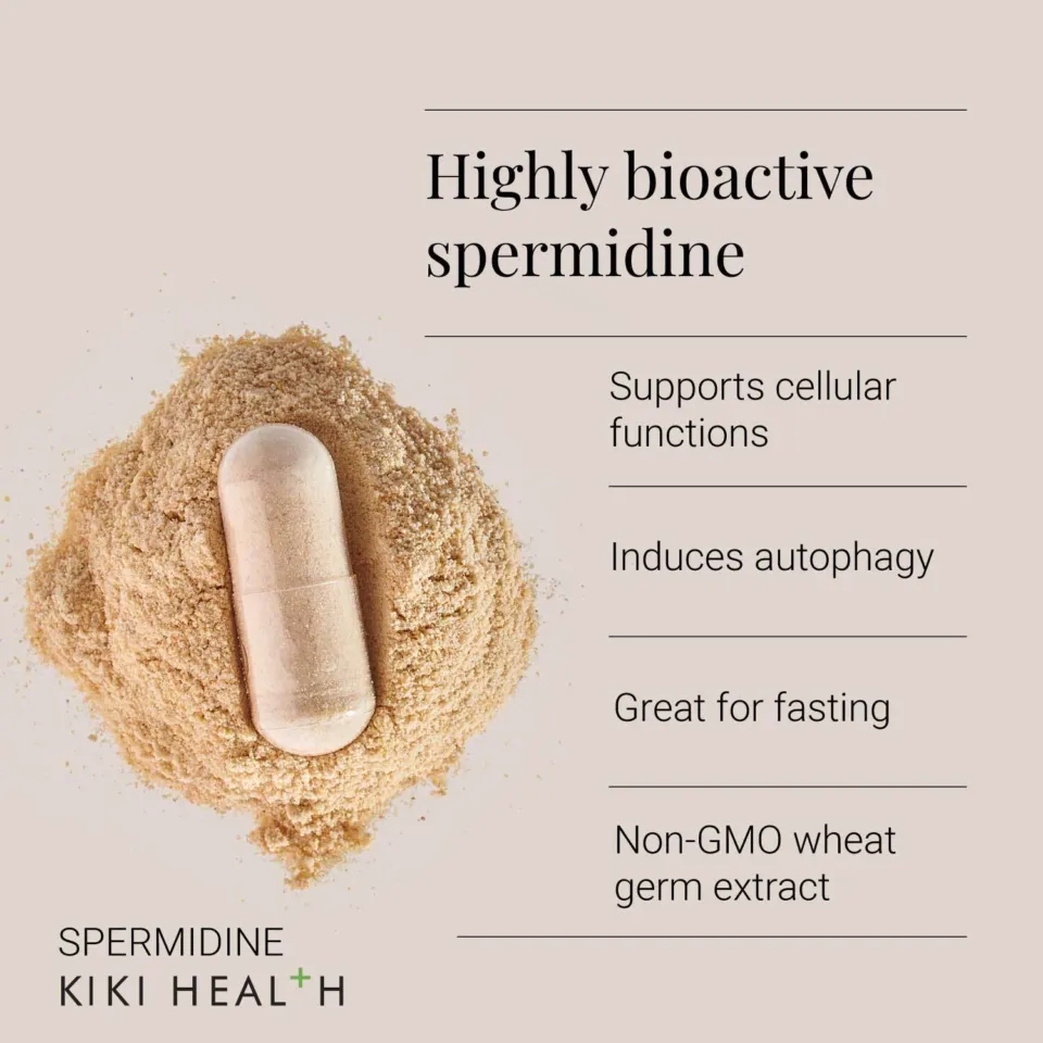 Spermidine capsule on powder. Text: Highly bioactive spermidine, supports cellular functions.
