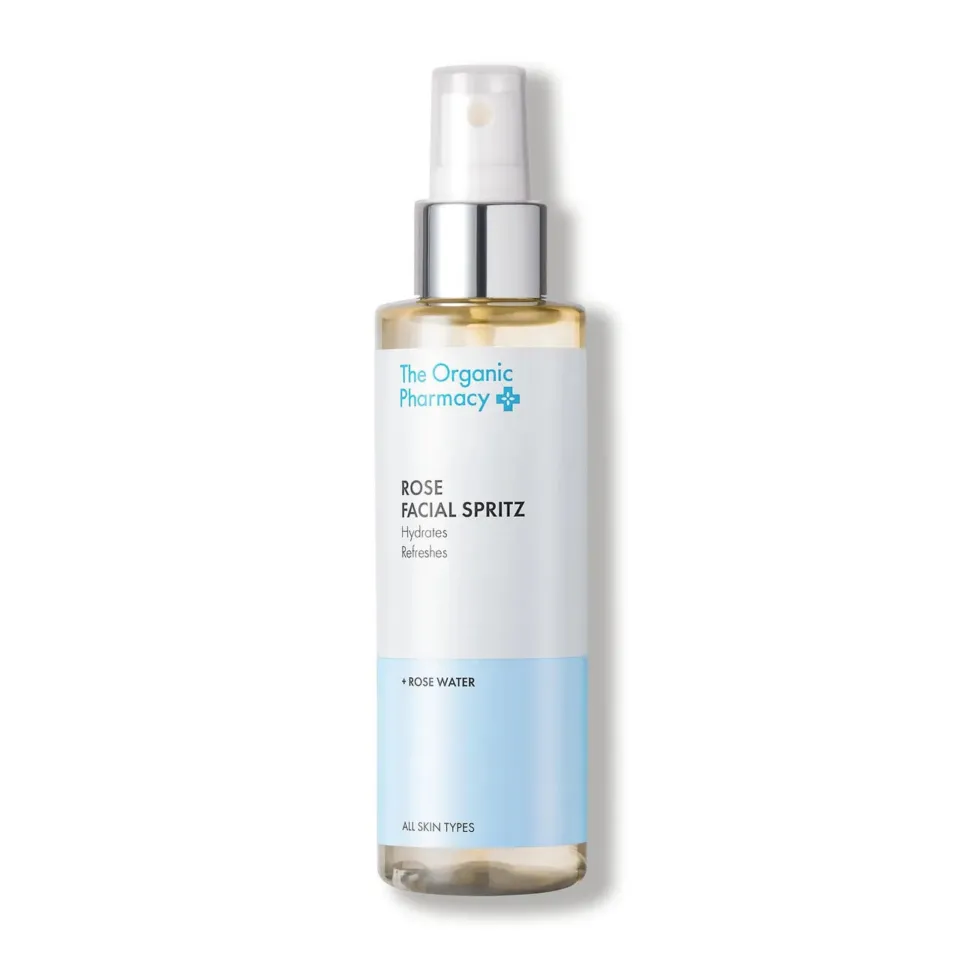 The Organic Pharmacy Rose Facial Spritz bottle with spray nozzle.