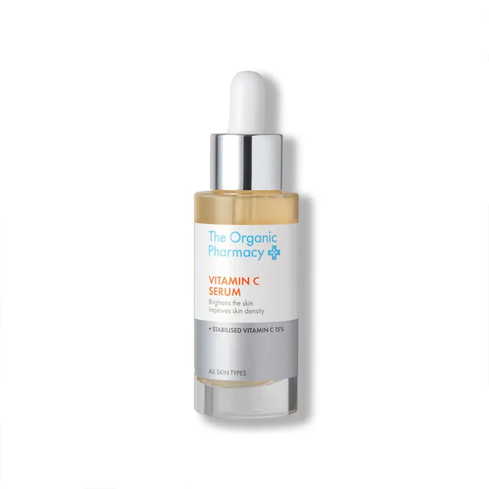 The Organic Pharmacy Vitamin C Serum bottle with dropper.