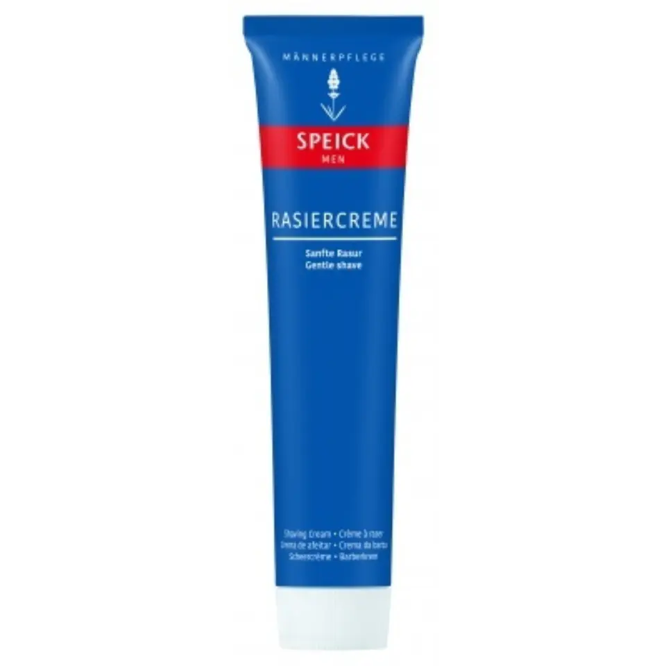 Blue tube of Speick Men Rasiercreme, labelled "Gentle shave".