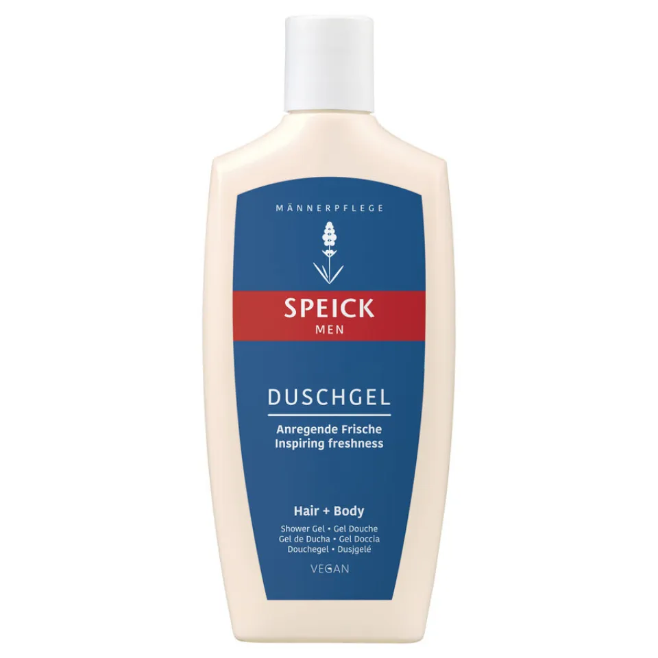 Speick Men shower gel bottle, vegan, for hair and body, labelled "Inspiring freshness".