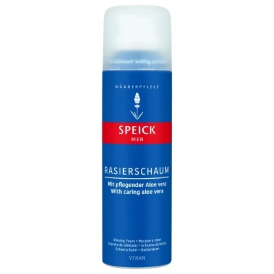 Speick Men shaving foam with aloe vera, blue and red can, vegan formula.