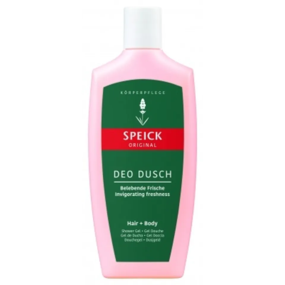 Speick Original Deo Dusch shower gel bottle, pink with green and red label.